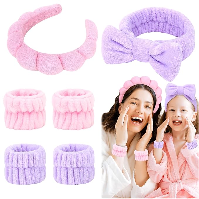 6 Pcs Spa Headband Set - Terry Cloth Headbands with Sponge Wristbands for Skincare, Makeup Removal, and Shower