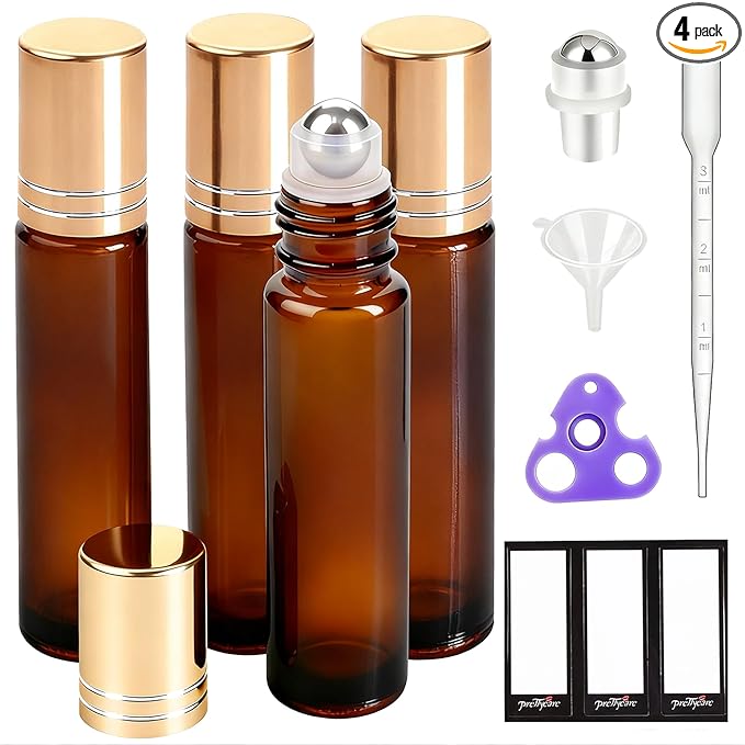 PrettyCare 4 Pack Amber Glass Oil Roller Bottles for Essential Oils 10ml, Roll On Bottles with Stainless Steel Roller Ball Leak-Proof Perfume Travel Refillable Bottle Empty, Beauty & Personal Care