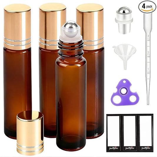 PrettyCare 4 Pack Amber Glass Oil Roller Bottles for Essential Oils 10ml, Roll On Bottles with Stainless Steel Roller Ball Leak-Proof Perfume Travel Refillable Bottle Empty, Beauty & Personal Care