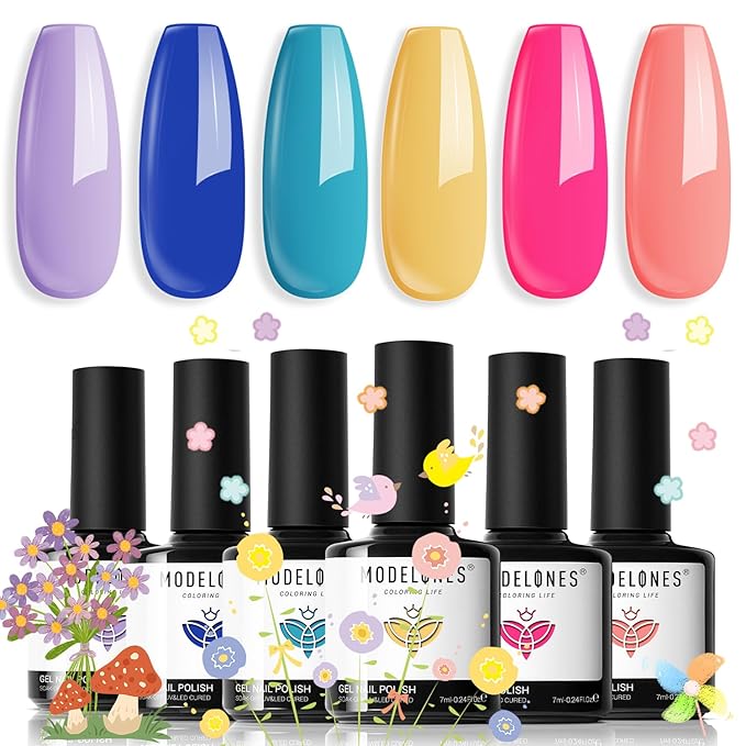 modelones Gel Nail Polish Set - 6 Colors 2026 Spring Summer Neon Bright Gel Polish Hot Pink Royal Blue Purple Turquoise Peaches Coral Yellow Pastel Nail Polish Soak Off LED Manicure DIY Gift Unisex