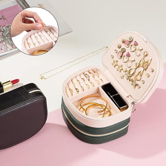 ProCase Travel Size Jewelry Box, Medium Portable Seashell-Shaped Jewelry Case, 2 Layer Jewelry Organizer in PU Leather for Women -Champagne