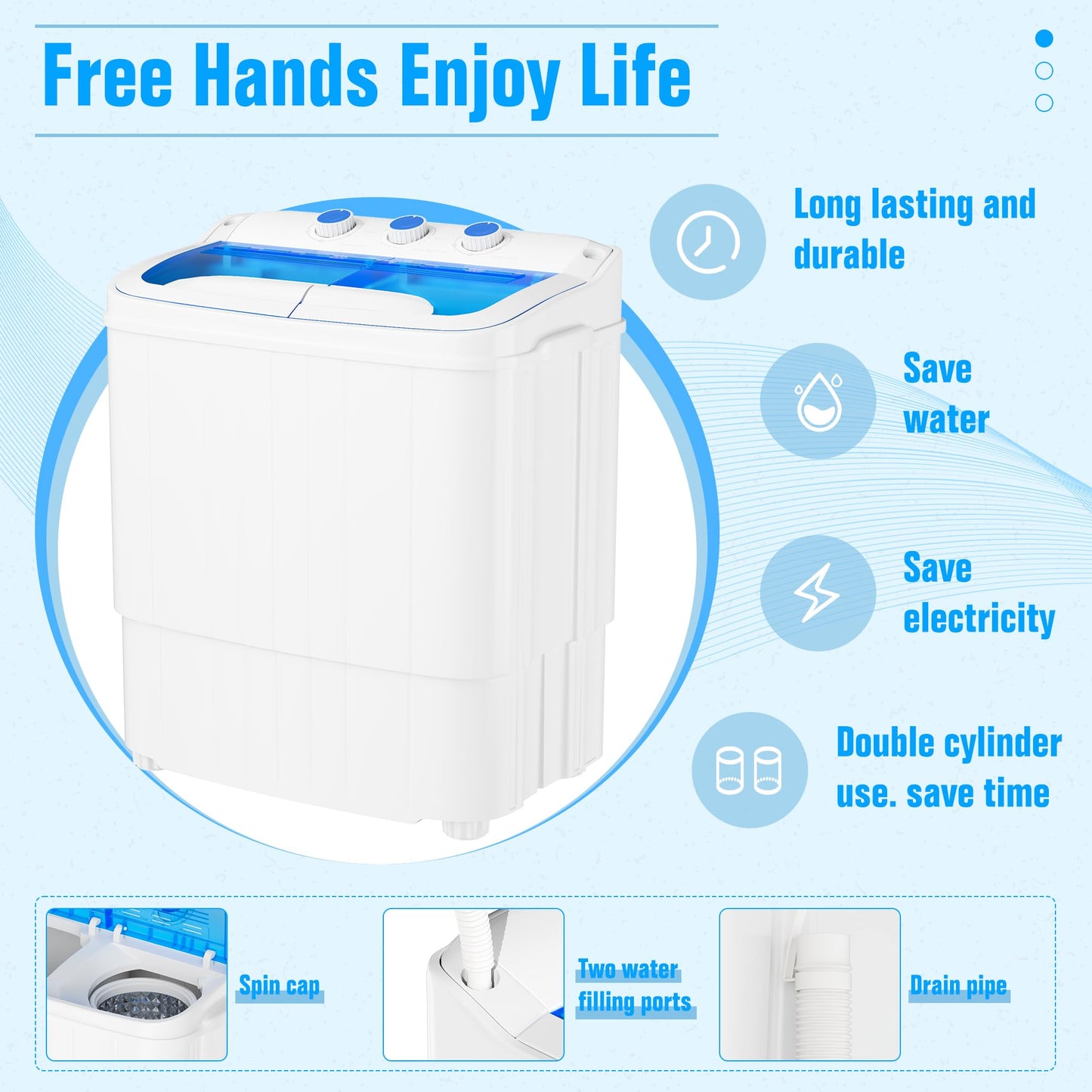 INTERGREAT Portable Washing Machine, 16lbs Twin Tub Portable Washer with 9.6Lbs Washer and 6.4Lbs Spinner dryer, Semi-automatic Washer Machine Combo for Dorms, Apartments, Blue