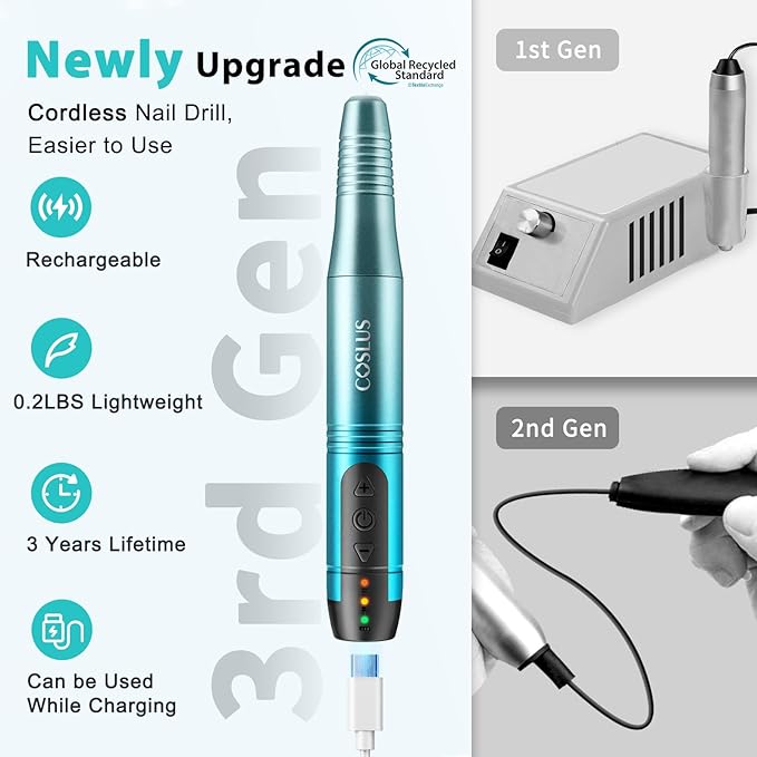 COSLUS C20 Cordless Nail Drill Electric File: Professional for Acrylic Gel Dip Powder Nails Portable Nail Drill Machine Kit for Manicure Pedicure Nail Set with Everything Rechargeable Lightweight Blue