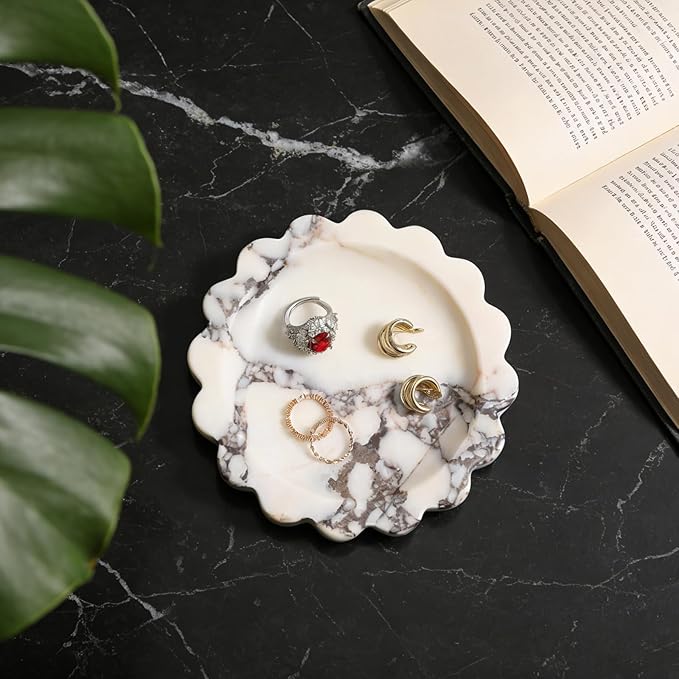 Koville 5.51" Scalloped Calacatta Viola Marble Tray, Round Stone Jewelry Trinket Dish for Ring, Natural Small Marble Tray for Bathroom Kitchen Dresser Countertop, Decorative Candle Tray