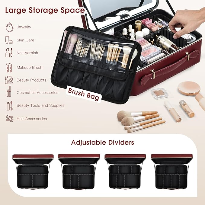 Faquenc Leather Makeup Case with LED Lighted Mirror 11.4 Inch Travel Makeup Bag Adjustable Brightness in 3 Colors Cosmetic Organizer Artist Storage Bag with Dividers Brush Holder Bag Vanity Red