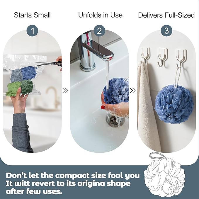 Rnoafmu Shower Loofah Bath Sponge, 60G Loofah Exfoliating Body Scrubber, 4 Color Mesh Shower Pouf Balls for Body Wash (Blue Gray Green Dark Green)