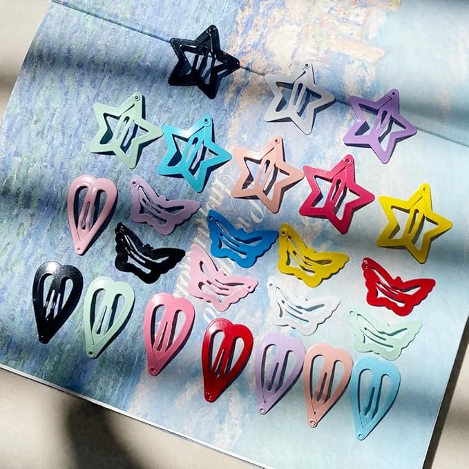 KUBOM 100 Pcs Candy Color Hair Clips,Colorful Hair Barrette Metal Cute Snap Hair Clips for Girls, Toddlers, Kids (Animals Fruits Crowns Stars)