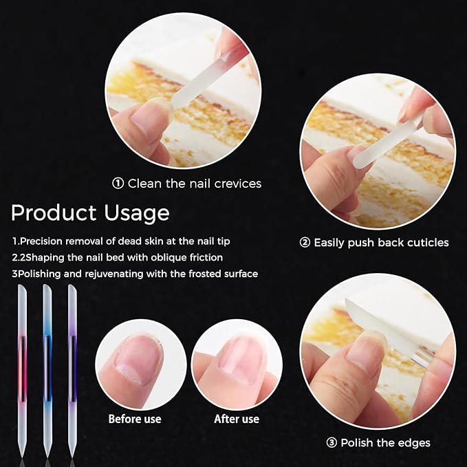 JERCLITY 3 Pieces Double-Ended Glass Nail Files Cuticle Pusher Cuticle Stick Set Nano-Frosted Nail Polished Crystal Glass Rod Manicure Pedicure Pusher Tools(Blue/Purple/Rose Red)