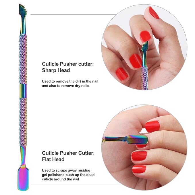 2PCS Cuticle Pusher and Cutter with Storage Case,Professional Cuticle Pusher Nail Polish Remover Stainless Steel Manicure Tool Set,Durable Pedicure Manicure Tools for Fingernails Toenails (Chameleon)