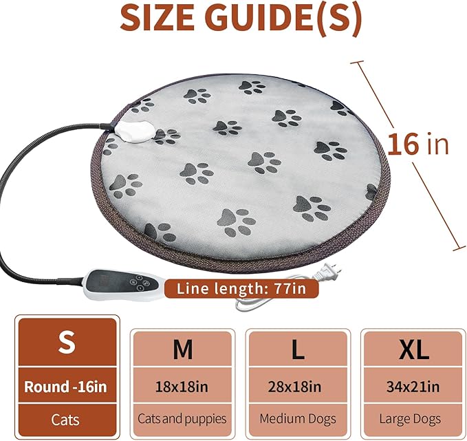 Cat Heating Pad Round with Smart Thermostat Switch and Power Line Protection Tube,Obtained MET and UL Dual Certification,Waterproof Pet Heating Pad for Cats-Paw Print