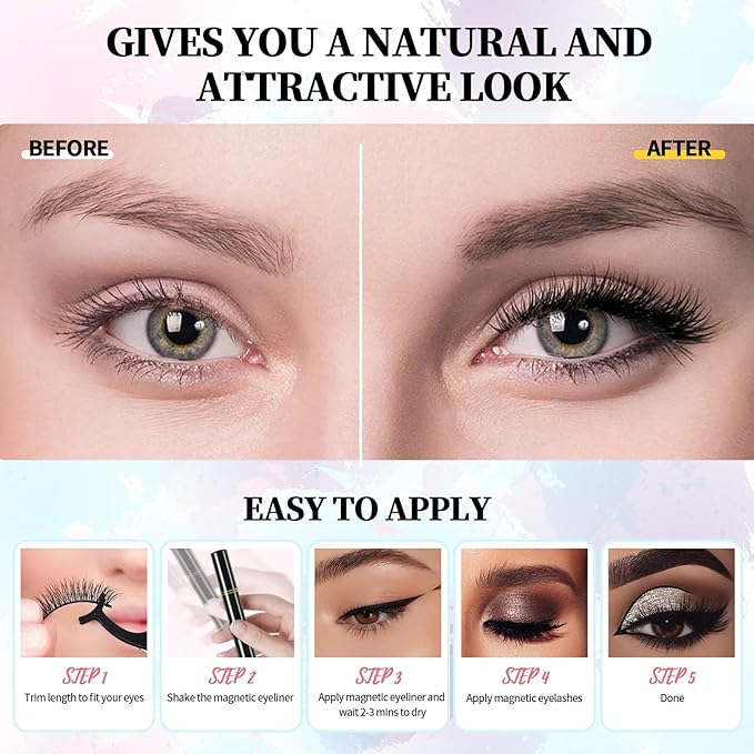 Magnetic Eyelashes Natural Look, 12 Pairs Magnetic Lashes No Glue, Reusable False Eyelashes with Tweezers