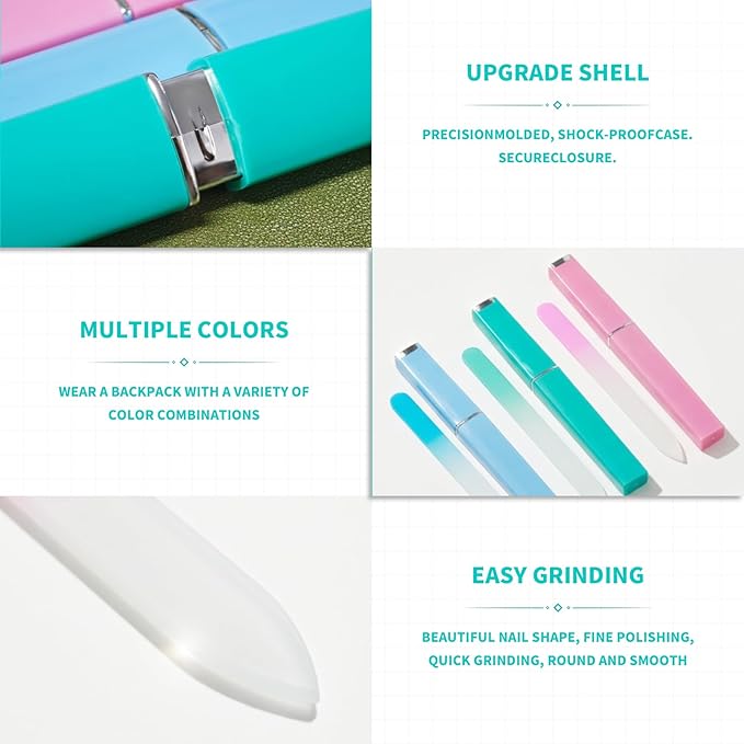 3-Pack Crystal Glass Nail Files with Case – Double-Sided Etched for Gentle Shaping & Stronger Nails, Reusable Travel Manicure Set, Unique Gift for Women Adults