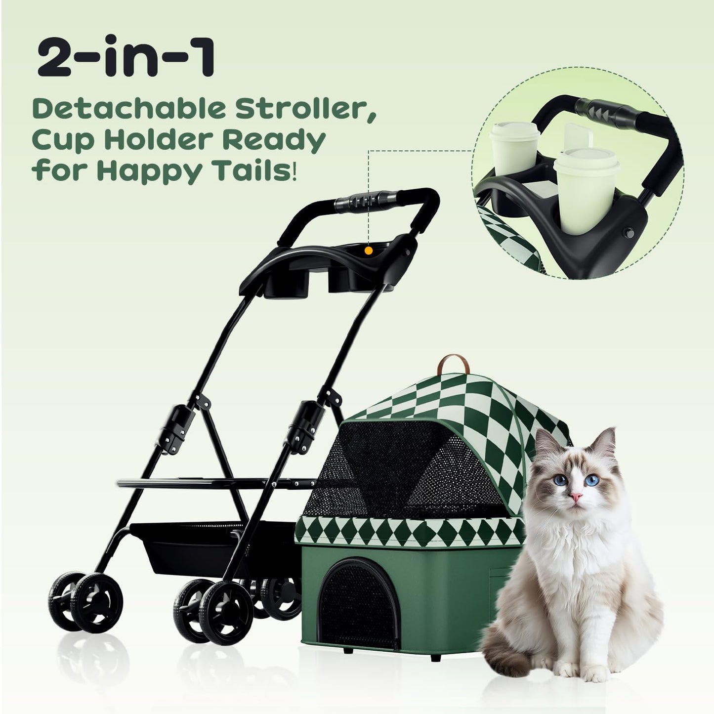PUPIHOM Foldable pet Stroller for Cats with Detachable Weather Cover, 4 Wheels Pet Strolling Cart for Dogs and Cats with Storage Basket and Cup Holder（Green）