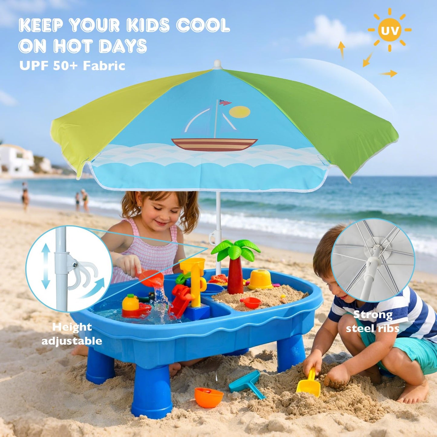 AMMSUN 5ft Seaside Umbrella for Sand Box Water Table - Kids Durable Umbrellas for children Picnic Beach Camping Garden Outdoor Play Shade (5ft Green Yellow Boat)