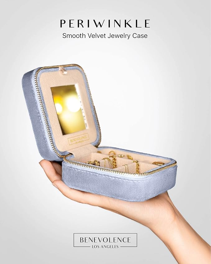 Benevolence LA Plush Velvet Jewelry Box | Travel Jewelry Case Organizer with Mirror | Featured in Oprah's Favorite Things | Best Gifts For Daughter, Girlfriend, Mom | Gifts For Her - Periwinkle Blue