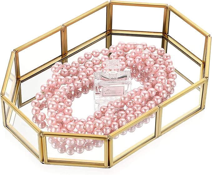 Hipiwe Mirror Glass Vanity Tray - Gold Ornate Makeup Tray Vintage Octagonal Perfume Tray Dresser Trays Jewelry Trinket Organizer for Bathroom Storage Trays for Home Decor