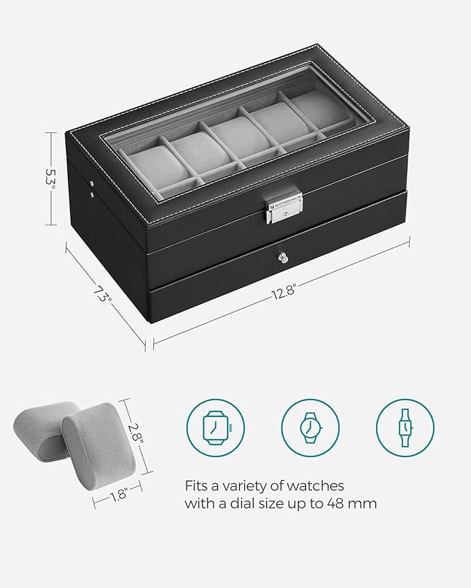 SONGMICS Watch Box, 12-Slot Watch Case Organizer with Large Glass Lid, 2 Layers, Removable Pillows, Metal Lock, Gift for Loved Ones, Black Synthetic Leather, Gray Lining UJWB012