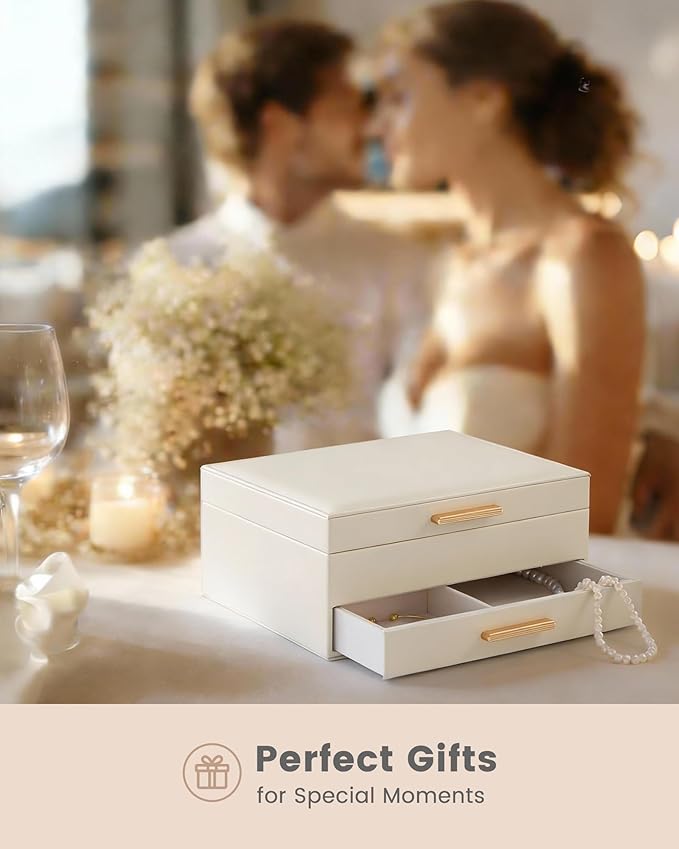 Lolalet 2-Layer Jewelry Box Organizer for Women Girls, Jewelry Storage Case Holder with Drawers for Necklaces Ring Earrings Bracelet Watch, Gifts for Galentines Valentines Girlfriend Wife -Beige