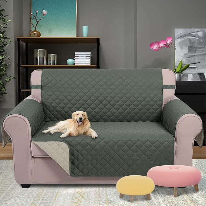 U-NICE HOME Loveseat Sofa Cover Reversible Couch Covers for 2 Cushion Couch for Dogs Furniture Protector Cover with Elastic Straps Water Resistant(Loveseat Small, Grey/Beige)