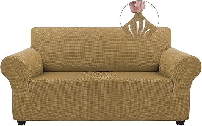 Asnomy Sofa Covers for 2 Cushion Couch Stretch loveseat Covers Slipcovers, Pet Protector Furniture Covers for Dogs Cats Spandex Jacquard Fabric Small Checks （Medium，Light Brown）