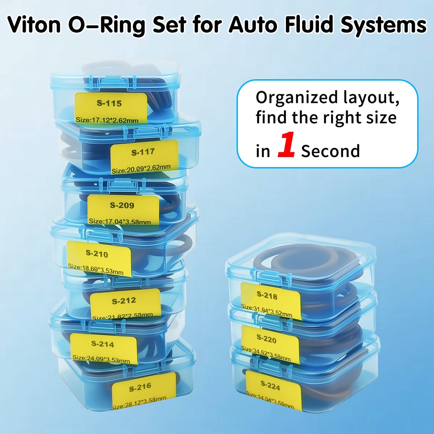 Langina 300pcs FKM Viton O-Ring Kit, 22Sizes SAE AS568 FKM O-Rings Set for Auto Fluid Systems, High Temp&Oil Resistant Viton Assortment, O Rings Repair Kit for Engine,Transmission&Brake Systems