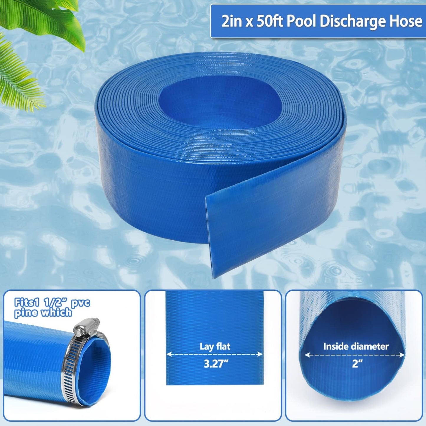 Gonioa 2 inches x 50 FT Heavy-Duty PVC Swimming Pool Backwash Hose, Reinforced Discharge Hose with Clamp for Swimming Pools, Blue