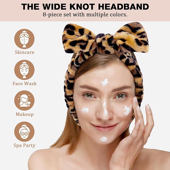 YOOVR 8pcs Spa Headband, Mothers Day Gifts Bulk, Stocking Stuffers for Teen Girls Women, Skincare Makeup Face Wash Headband, Hair Accessories, Party Favors for Adult, Easter Baskets Stuffers (Leopard)