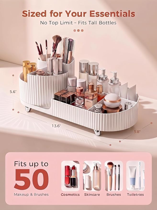 Booklov Rotating Makeup Caddy Organizer for Vanity, Large Capacity Cosmetic Display Case,Countertop Beauty Storage Holder for Skincare, Brush Eyeshadow Lipstick, Counter Desk Organization, White