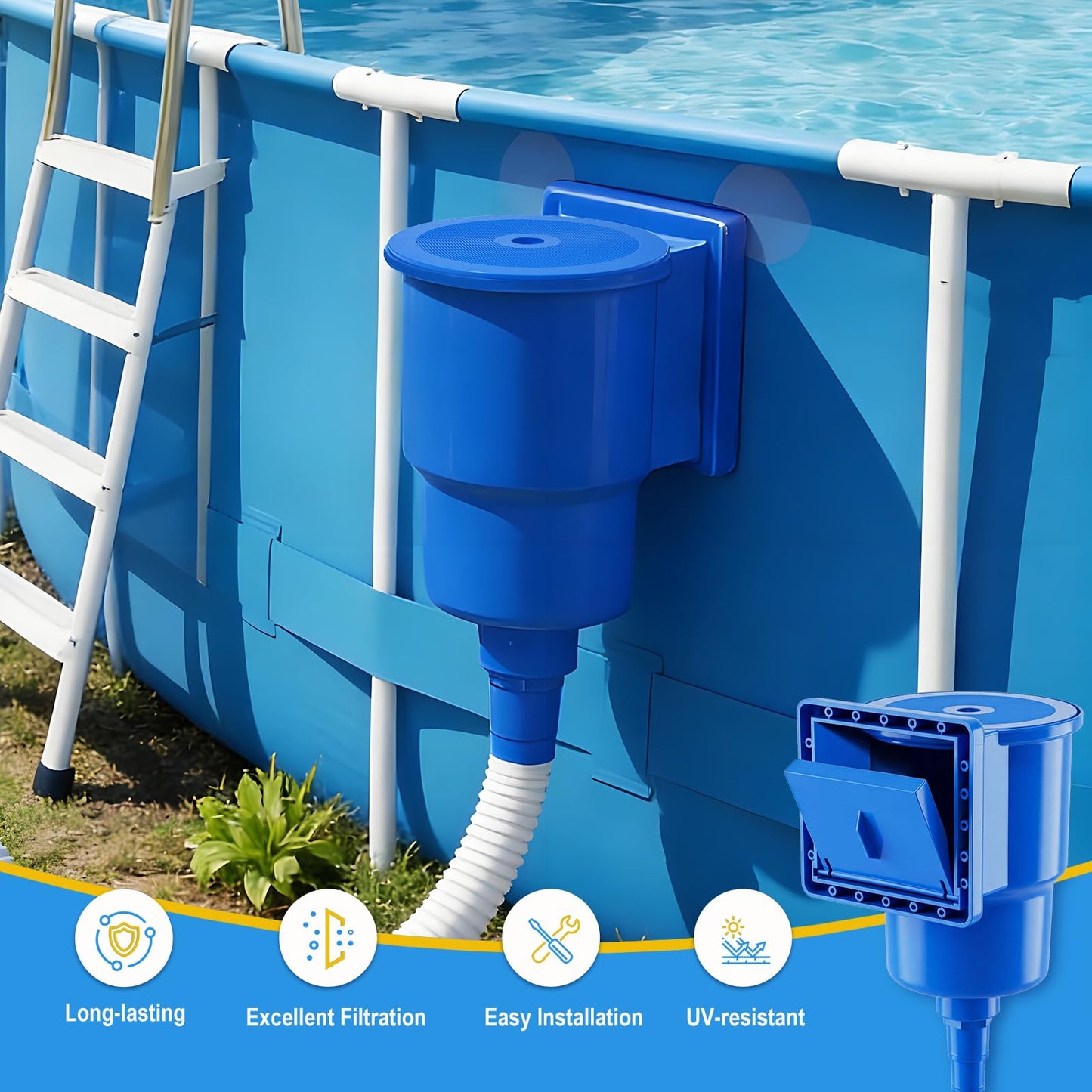 Above Ground Pool Skimmer, Heavy Duty Through-Wall Mount Pool Skimmer Kit with Accessories, Universal Fit for Standard Wall Openings, Klein Blue in-Wall Surface Skimmer Includes Leak-Free Teflon Tape