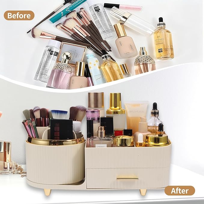 Makeup Organizer Countertop with Drawer 360 Rotating Brush Holder Storage Large Capacity Skincare Cosmetic Display Cases for Vanity Bathroom Desktop, Model 3016 Cream
