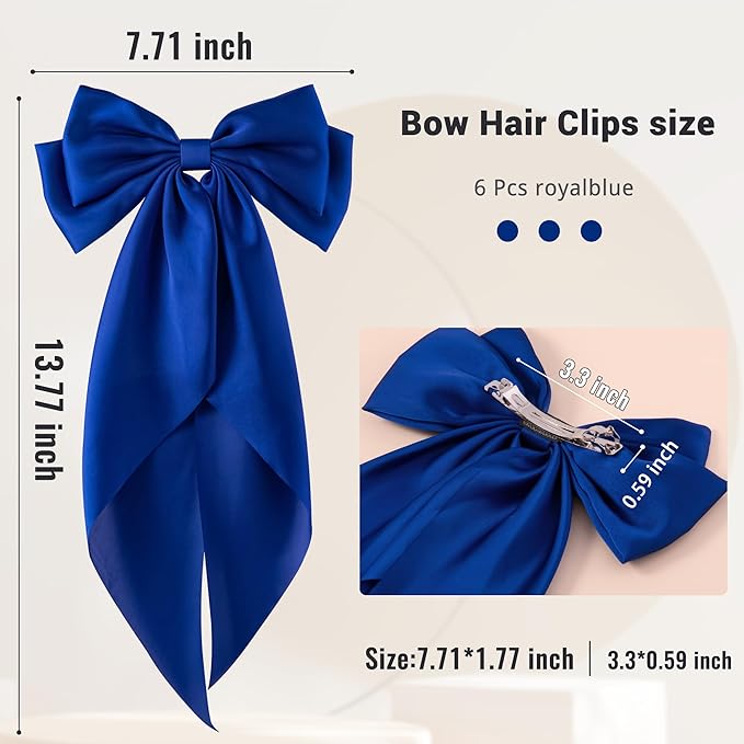 6Pcs Large Bows Hair Clips for Women Girls Long Tail Hair Ribbon Silky Satin Barrettes Coquette Bows Accessories (Royalblue)
