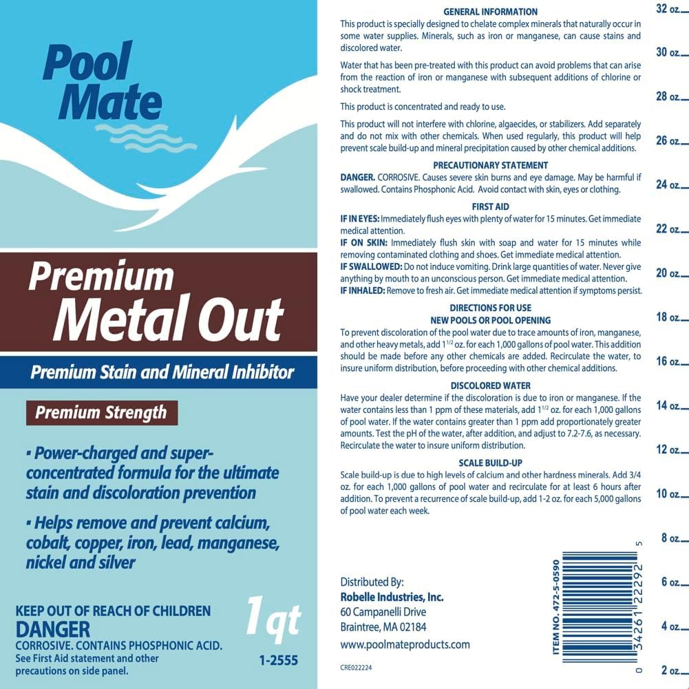 Pool Mate 1-Quart 2-Pack Premium Metal Out Stain and Mineral Inhibitor, Pool Metal Remover, Stain Remover, Made in USA