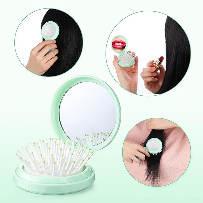 Boao 2 Pack Foldable Travel Mirror Hair Brushes Round Portable Folding Pocket Hair Brush Mini Comb Compact Travel Size Massage Comb for Men Women (Green,Round)