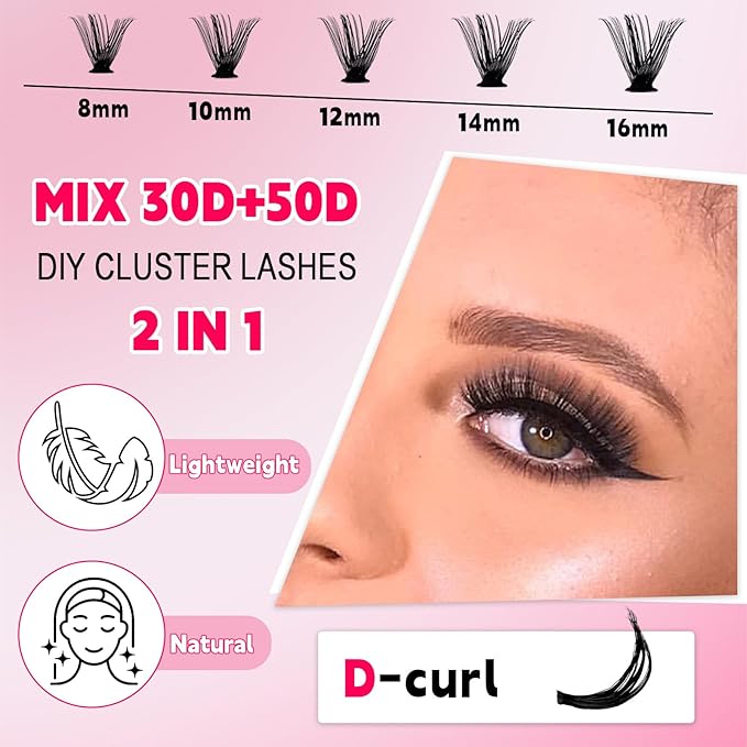 Lash Extension Kit DIY Lash Clusters Kit 400pcs Cluster Lashes Individual Lashes Eyelash Extension Kit with Lash Bond and Seal,Lash Remover,Lash Tweezers(30D+50D Cluster Kit,8-16mm)