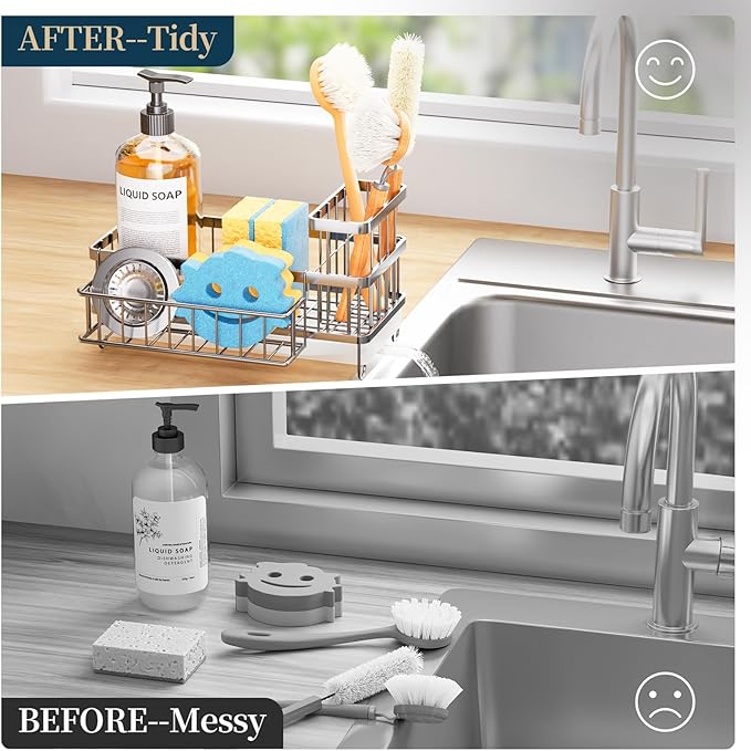 Consuemst Sponge Holder for Kitchen Sink - Auto Draining Sink Caddy Organizer with Detachable Rack, High Brush Holder, Kitchen Countertop Storage Accessories, Silver