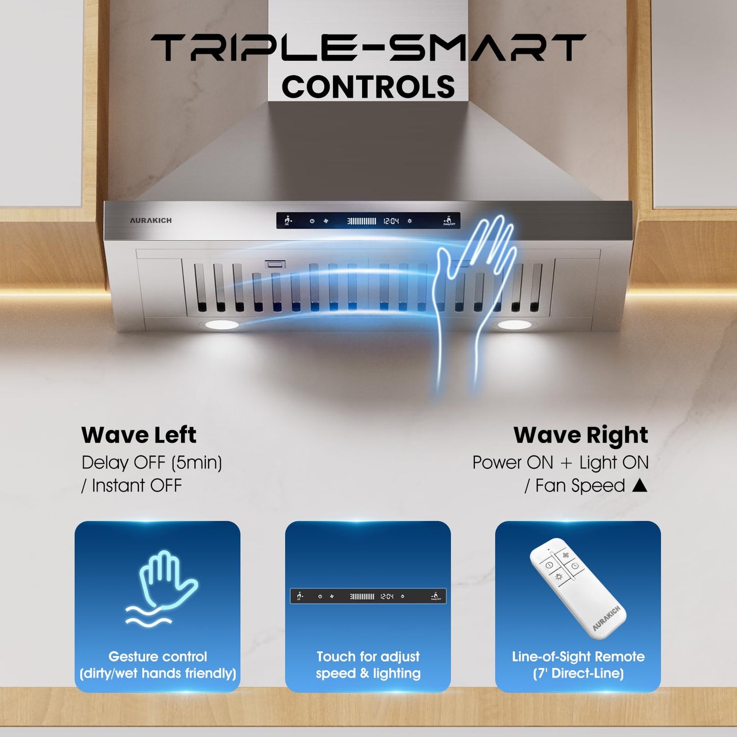 AURAKICH 30-inch Wall Mount Range Hood, 900 CFM Ducted/Ductless Kitchen Vent Hood with Full Copper Motor, Triple Smart Controls (Gesture/Remote/Touch), Tunable LED Lighting, Stainless Steel