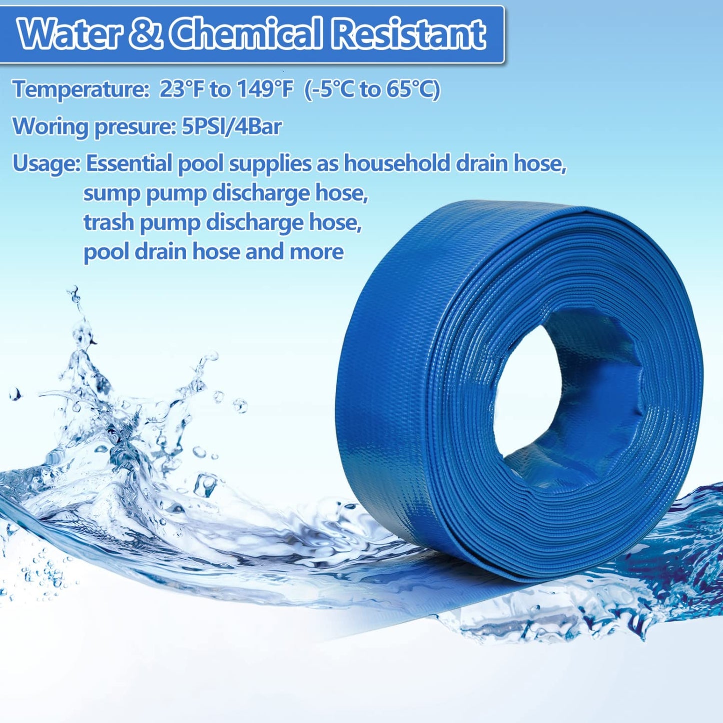 Gonioa 2 inches x 50 FT Heavy-Duty PVC Swimming Pool Backwash Hose, Reinforced Discharge Hose with Clamp for Swimming Pools, Blue