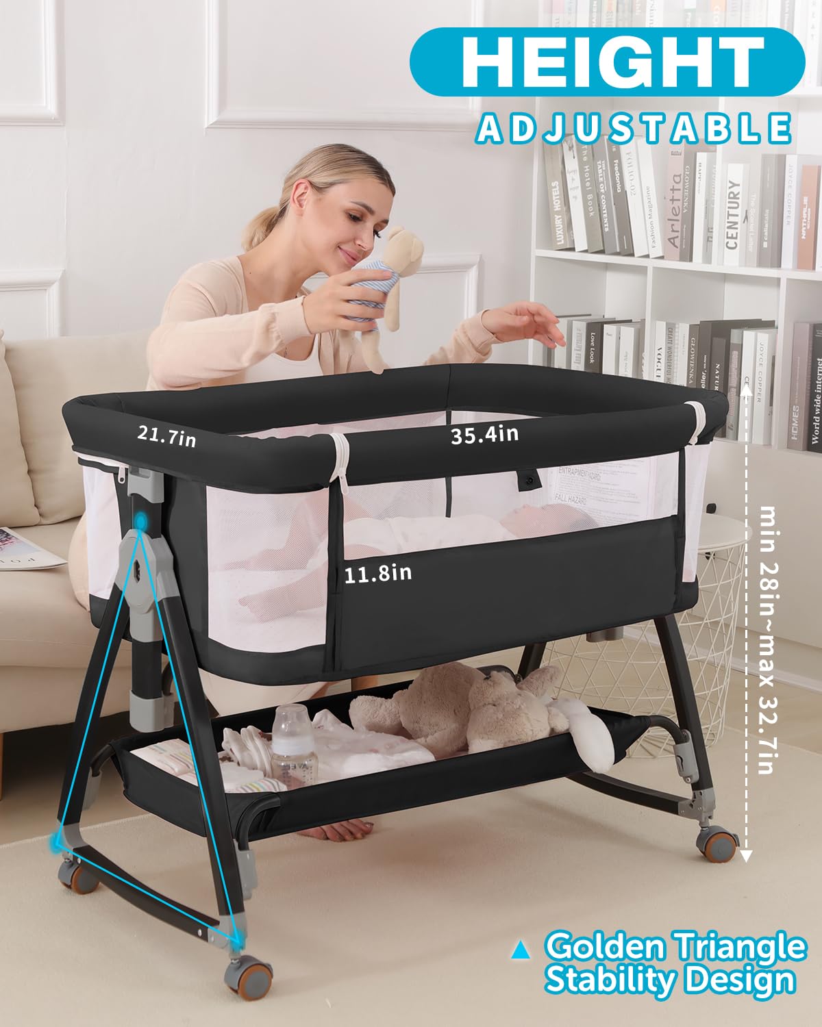 wayfong 3 in 1 Baby Bassinet Crib with Breathable Mesh, Bassinet Bedside Sleeper with Wheels, Mosquito Net, Storage Basket, 6 Height Adjustable, Easy to Assemble, Bassinets for Newborn Baby