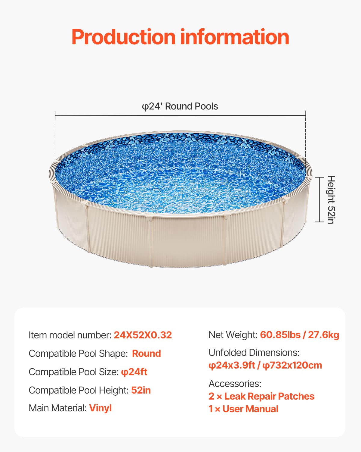 VEVOR 24-ft Round Above Ground Pool Liner, Unibead Pool Liners, Standard Gauge, 52inch Wall Height, Designed for Steel Sided Above-Ground Swimming Pools