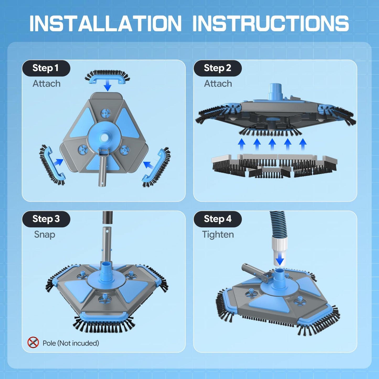 UIRWAY Upgrade Pool Vacuum Head with Side Brush & 360° Swivel Cuff, Heavy Duty Manual Kink-Resistant 1-1/2" x 40 Ft Vacuum Hoses, Weighted Triangular Shape for Inground & Above Ground Pool(No Pole)
