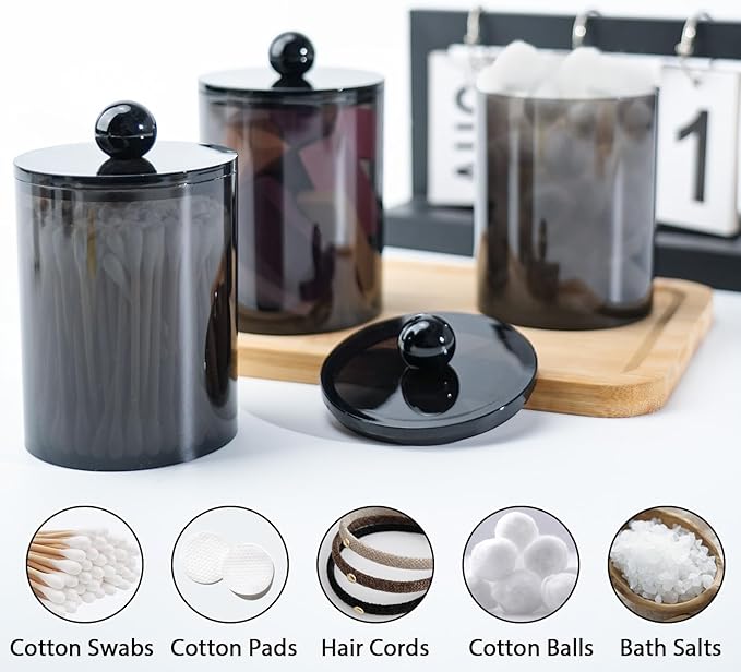 XIPENGKEJI 2 Pack Qtip Holder,Canister Apothecary Jar Set, Bathroom Jars with Lids Set for Cotton Swabs, Balls, Pads, Floss Picks,10oz-12oz Plastic Canisters Restroom Bedroom Vanity Organizer(Black)