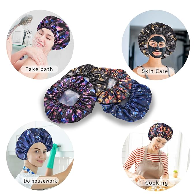 4 PCS Shower Cap for Women, Elastic and Reusable Bath Caps, Double Layers Shower Caps Reusable Waterproof, Bathing Shower Caps, Environmental Bath Hair Protection Cap - Butterfly A
