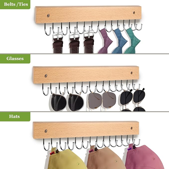 Necklace Holder Wall Mounted Jewelry Organizer - 2 Pack Wooden with 28 Rotating 180° Hooks for Hanging Earring & Ring Bracelet Storage, Decorative Space-Saving Jewelry Display (Natural)