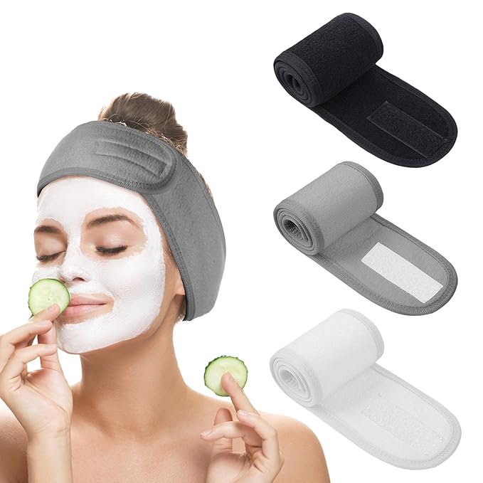 3 Pack Adjustable Spa Facial Headband, Ultra Soft Cotton Spa Hair Wrap, Adjustable Non-Slip Terry Cloth Bath Headband Non Slip for Washing Face, Makeup and Shower