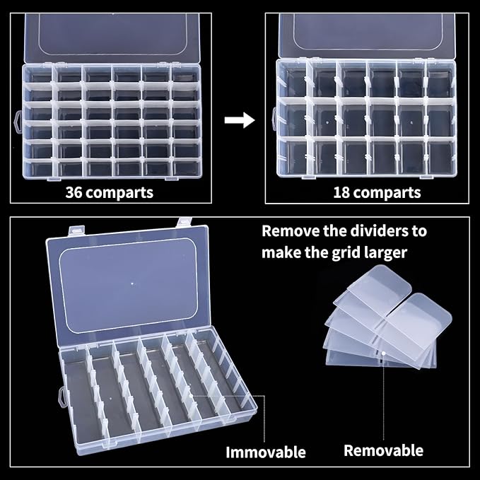 OUTUXED 36 Grids Clear Plastic Organizer Box with Adjustable Compartment Dividers Rock Collection Box for Bead, Nails, Jewelry, Art, DIY Crafts, Fishing Tackle, Small Items Organizers and Storage