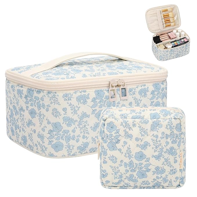 OCHEAL Makeup Bag Set, Portable Travel Makeup Bags Cosmetic Organizer Bag for Women Cute Floral Cosmetic Pouch Large Capacity Make up Bag Toiletry Bags with Divider and Handle-Floral