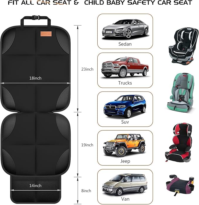 SMART ELF Car Seat Protector [1 Pack] Large Auto Protector for Child Seats with Thickest Padding and Non-Slip Backing Mesh Pockets for SUV, Sedan, Truck, Leather and Fabric - Black