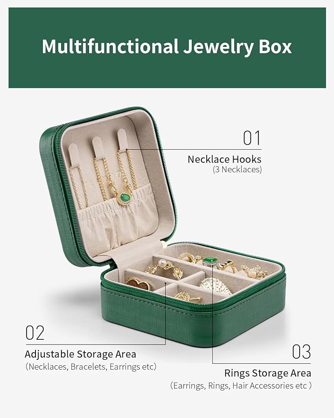 VLANDO Small Travel Jewelry Box Organizer - Girls Women Gift Rings Earrings Necklaces Jewelry Storage Display Case Dark Green