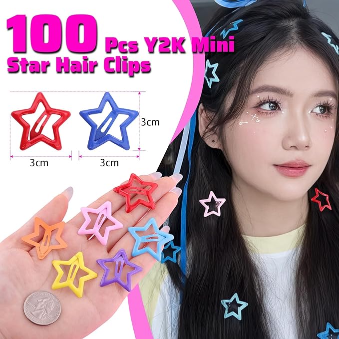 100 PCS Colorful Hair Clips, 1.18 Inch Y2K Accessories Star Hair Clips, Non-Slip Snap Small Star Colorful Barrettes Accessories for Girls Women, Fashion Cool Ornament Set for Rave Decor
