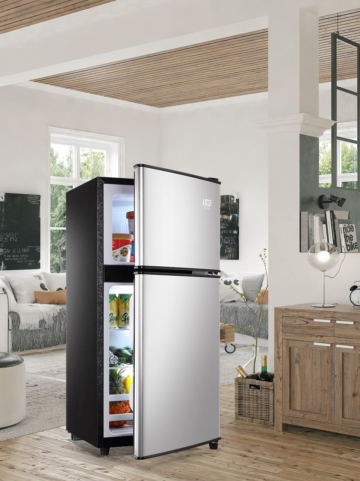 KRIB BLING 3.5 Cu.ft Refrigerators with Freezer, Fridge with 7 Level Temp Adjustable Thermostat, Fridge for Apartment, Office, Basement, Silver